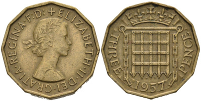 Великобритания 3 пенса 1957 Елизавета II (1952-2022) KM 900, Spink 4153 никель латунь 4561-1025