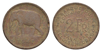 Бельгийское Конго 2 франка 1943 KM 28 латунь 4647-1238