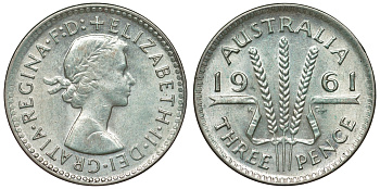 Австралия 3 пенса 1961 m, Елизавета II (1952-2022) KM 57 серебро 71-739