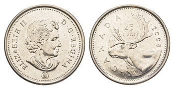 Канада 25 центов 2006 Leaf, Елизавета II (1952-2022), олень KM 493 сталь плакированная никелем UNC 4637-836