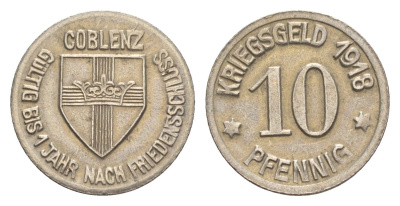 Кобленц 10 пфеннигов 1918 Funck 80.1A, Men05 4526.1, Men18 5727.1 железо 54-229