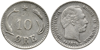 ДАНИЯ 10 ЭРЕ 1874 C; S, КРИСТИАН IX (1863-1906) KM 795.1 серебро 4380-1046