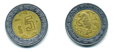 МЕКСИКА 5 ПЕСО 2001 Мо KM 605 биметалл 51-5137