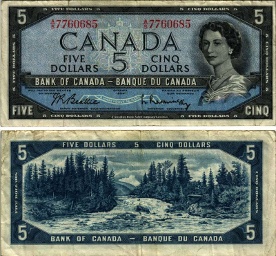 КАНАДА 5 ДОЛЛАРОВ 1961-1972 ЕЛИЗАВЕТА II, РЕКА, ПОДПИСЬ BEATTIE-RASMINSKY Pick 76b бумага 7485-65-3