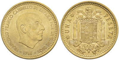 ИСПАНИЯ 1 ПЕСЕТА 1966 (71) ФРАНСИСКО ФРАНКО ДИКТАТОР ИСПАНИИ (1939-1975) КМ 796 алюминиевая бронза 87-1447