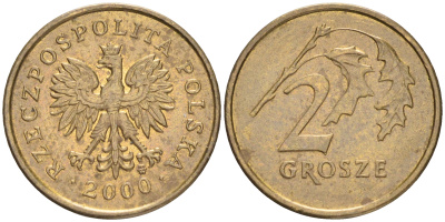 Польша 2 гроша 2000 MW KM 277, Parchimowicz 702g латунь 4516-1111