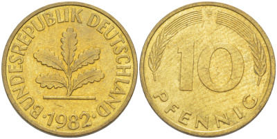 ФРГ 10 ПФЕННИГОВ 1982 F KM 108, J. 383 сталь плакированная латунью 4182-931