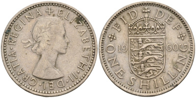 Великобритания 1 шиллинг 1960 Елизавета II (1952-2022), Английский герб KM 904, Spink 4147 медно-никель 4143-1226