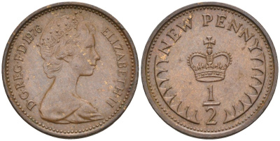 Великобритания 1/2 пенни 1976 Елизавета II (1952-2022) KM 914, Spink 4239 бронза 4115-663