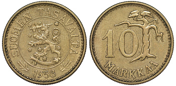 ФИНЛЯНДИЯ 10 МАРОК 1958 H, WIDE 1 KM 38 алюминиевая бронза 3334-1017