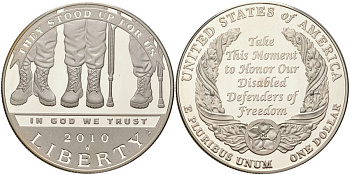 США 1 доллар 2010 W, американские ветераны-инвалиды KM 479 серебро PROOF 11-233-32