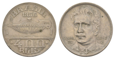 Бразилия 400 реалов 1936 Освалду Крус KM 539 медно-никель 4624-1222