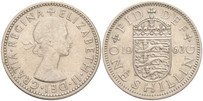 Великобритания 1 шиллинг 1963 Елизавета II (1952-2022), Английский герб KM 904, Spink 4147 медно-никель 4556-643