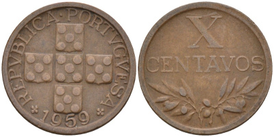 Португалия 10 сентаво 1959 KM 583 бронза 4588-439