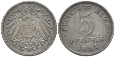 ГЕРМАНИЯ 5 ПФЕННИГОВ 1921 F KM 19, J. 297, Weege 5 железо 206-734