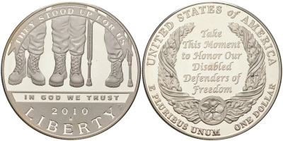 США 1 доллар 2010 W, американские ветераны-инвалиды KM 479 серебро PROOF 11-093-33