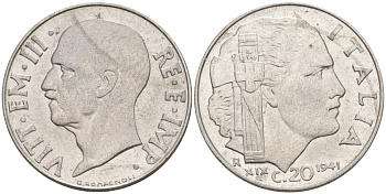 ИТАЛИЯ 20 ЧЕНТЕЗИМО 1941 R, ГОД XIX, ВИКТОР ЭММАНУИЛ III (1900-1946) KM 75b, VEM3. 1028 нержавеющая сталь 3853-1153