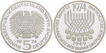 ФРГ 5 марок 1974 F, 25 лет со дня принятия конституции ФРГ KM 138, J.413 серебро PROOF 650-1324