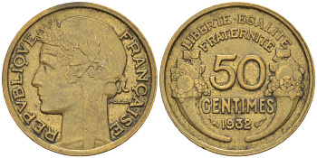 ФРАНЦИЯ 50 САНТИМОВ 1932 ТИП MORLON, CLOSED 9, БЕЗ ЯГОДЫ KM 849.1, LE FRANC 192.9 алюминиевая бронза 75-1566