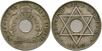 Британская Западная Африка 1/2 пенни 1947 H, Георг VI KM 18 медно-никель 25-1037