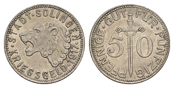 Золинген 50 пфеннигов 1917 Funck 508.2, Men05 23636.2, Men18 29571.2 железо UNC 4637-1221