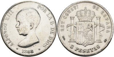 Испания 5 песет 1888 Альфонсо VIII, современная копия белый металл 4386-431