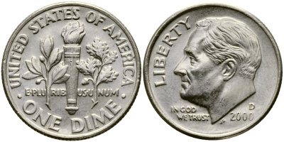 США 10 ЦЕНТОВ = 1 ДАЙМ 2000 D, РУЗВЕЛЬТ KM 195а медь плакированная медно-никелем 46-1012