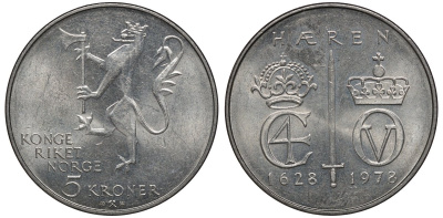 Норвегия 5 крон 1978 350 лет Норвежской армии KM 423 медно-никель UNC 81-743