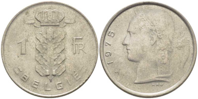 Бельгия 1 франк 1975 Belgie, Бодуэн I (1951-1993) KM 143.1 медно-никель 119-634