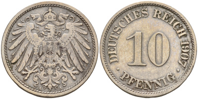 Германия 10 пфеннигов 1907 A KM 12, J. 13 медно-никель    4143-256