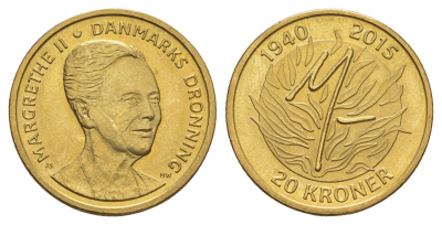 Дания 20 крон 2015 75 лет со дня рождения Королевы Маргрете II KM 964 алюминиевая бронза UNC 4648-312