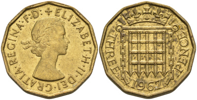 Великобритания 3 пенса 1966 Елизавета II (1952-2022) KM 900, Spink 4153 никель латунь 4589-935