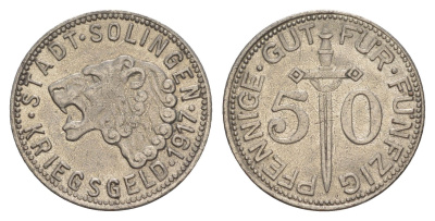 Золинген 50 пфеннигов 1917 Funck 508.2, Men05 23636.2, Men18 29571.2 железо UNC 4637-1221