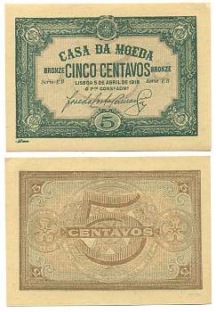 Португалия 5 сентаво бронзовых 1918 Casa da Moeda, зеленая Pick 97 бумага aUNC 000-00-00