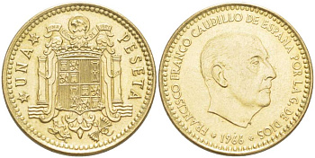Испания 1 песета 1966 (75) Франциско Франко (1939-1975) КМ 796 алюминиевая бронза 4519-917