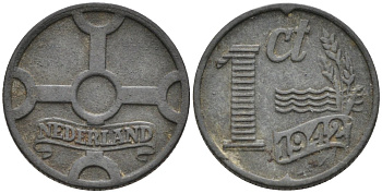 Нидерланды 1 цент 1942 Вильгельмина (1890-1948) KM 170 цинк 51-2324