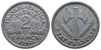 Франция 2 франка 1943 правительство Виши KM 904.1 алюминий 261-446