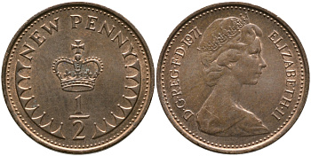 Великобритания 1/2 пенни 1971 Елизавета II (1952-2022) KM 914, Spink 4239 бронза 99-1056