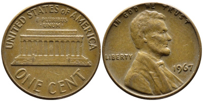 США 1 ЦЕНТ 1967 ЛИНКОЛЬН KM 201 медь цинк 4383-431