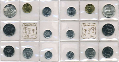 Сан-Марино годовой набор из 8 монет 1972 1, 2, 5, 10, 20, 50, 100 и 500 лир мать поднимает ребенка в воздух KM 14-21, в оригинальной пластиковой запайке серебро KM MS1 серебро UNC 5-4-3-47