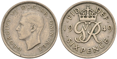 Великобритания 6 пенсов 1949 Георг VI (1936-1952) KM 875, Spink 4110 медно-никель 4588-619