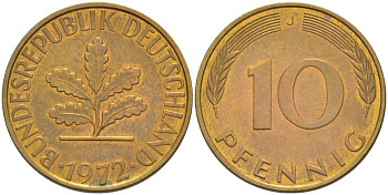 ФРГ 10 ПФЕННИГОВ 1972 J KM 108, J. 383 сталь плакированная латунью 219-445