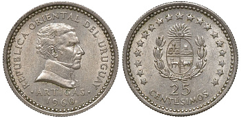 Уругвай 25 сентесимо 1960 KM 40 медно-никель 4169-929