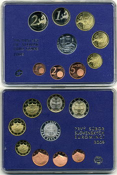 Словакия евронабор из 8 монет  плюс  жетон 2009 первый официальный набор словацских евромонет, пластик, буклет, жетон серебро  биметалл  PROOF  1181-1-20