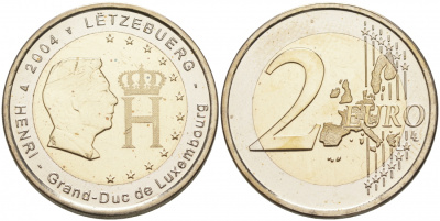 Люксембург 2 евро 2004 Портрет и монограмма герцога Люксембурга Анри Нассау KM 85 биметалл UNC 36-353 M10-9