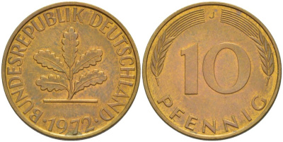 ФРГ 10 ПФЕННИГОВ 1972 J KM 108, J. 383 сталь плакированная латунью 219-445