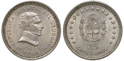 Уругвай 25 сентесимо 1960 KM 40 медно-никель 4169-929