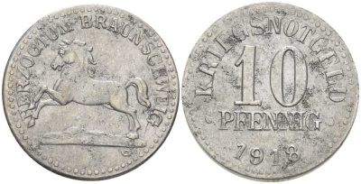 Брауншвейг 10 пфеннигов 1918 НОТГЕЛЬД, ВЕЙМАРСКАЯ РЕСПУБЛИКА железо 210-144