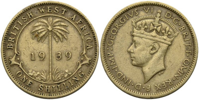 Британская Западная Африка 1 шиллинг 1939 Георг VI (1937-1952), пальма KM 23 никель латунь 27-1041