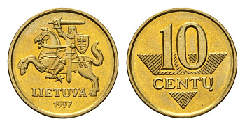 Литва 10 центов (сентов) 1997 KM 106 никель латунь UNC 4689-1112